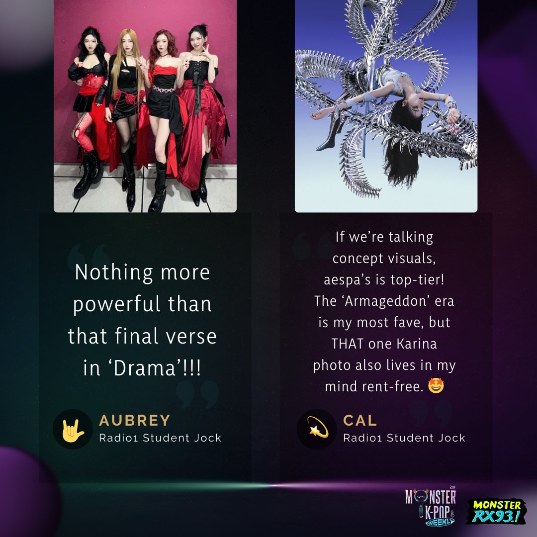 RX931's tweet photo. #MonstersPick: @aespa_official 

4th Gen powerhouse #aespa has brought so many ICONIC things to the K-Pop table - here's just some of our faves.  ❤️🌙🦋⭐️

Thanks to everyone who tuned in to #MonsterKPopWeekly last night! See y'all again next Saturday, 10 PM - 2 AM on #RX931. 🎧 https://t.co/PkopK39Hbt