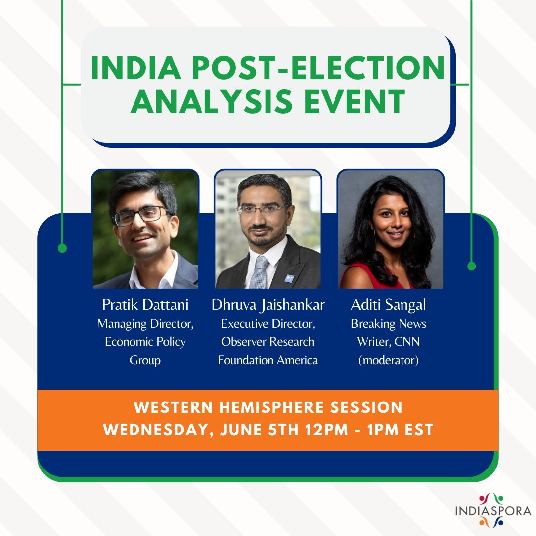 EPG Consulting (@epg_london) on Twitter photo Join <a href="/d_jaishankar/">Dhruva Jaishankar · ध्रुव जयशंकर</a> of @orfamerica, <a href="/AditiSangal/">Aditi Sangal</a> of <a href="/CNN/">CNN</a> our Managing Director @pratikepg as they analyse the Indian election results with <a href="/IndiasporaForum/">Indiaspora</a>:
⏲️ Wed 5 June @ 9am PT/ 12pm ET / 5pm UK time / 9:30pm IST.
👉us02web.zoom.us/webinar/regist…⏲️ Join <a href="/d_jaishankar/">Dhruva Jaishankar · ध्रुव जयशंकर</a> of @orfamerica, <a href="/AditiSangal/">Aditi Sangal</a> of <a href="/CNN/">CNN</a> our Managing Director @pratikepg as they analyse the Indian election results with <a href="/IndiasporaForum/">Indiaspora</a>:
⏲️ Wed 5 June @ 9am PT/ 12pm ET / 5pm UK time / 9:30pm IST.
👉us02web.zoom.us/webinar/regist…⏲️