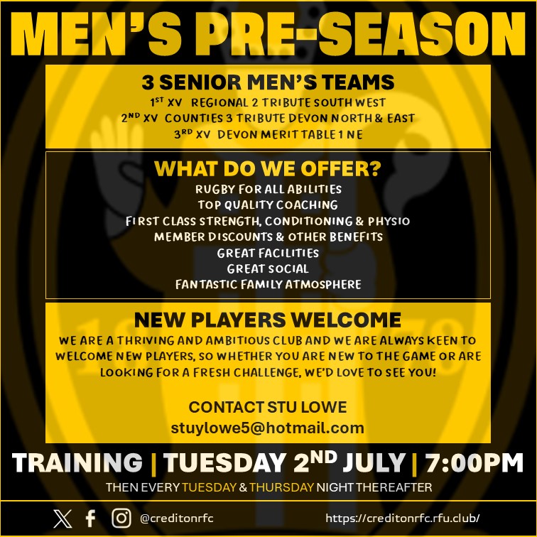 Crediton RFC (@creditonrfc) on Twitter photo ๐ ๐ ๐๐ก'๐ฆ ๐ฃ๐ฅ๐-๐ฆ๐๐๐ฆ๐ข๐ก starts on ๐ง๐จ๐๐ฆ๐๐๐ฌ ๐ฎ๐ก๐ ๐๐จ๐๐ฌ at ๐ณ:๐ฌ๐ฌ๐ฃ๐ ๐
In just over 4 weeks our Senior Men will be returning for pre-season training ahead of another exciting campaign for our ๐ฏ ๐ง๐๐๐ ๐ฆ!
Look forward to seeing you ๐ค๐
<a href="/swsportsnews/">South West Sports News</a> ๐ ๐ ๐๐ก'๐ฆ ๐ฃ๐ฅ๐-๐ฆ๐๐๐ฆ๐ข๐ก starts on ๐ง๐จ๐๐ฆ๐๐๐ฌ ๐ฎ๐ก๐ ๐๐จ๐๐ฌ at ๐ณ:๐ฌ๐ฌ๐ฃ๐ ๐
In just over 4 weeks our Senior Men will be returning for pre-season training ahead of another exciting campaign for our ๐ฏ ๐ง๐๐๐ ๐ฆ!
Look forward to seeing you ๐ค๐
<a href="/swsportsnews/">South West Sports News</a>