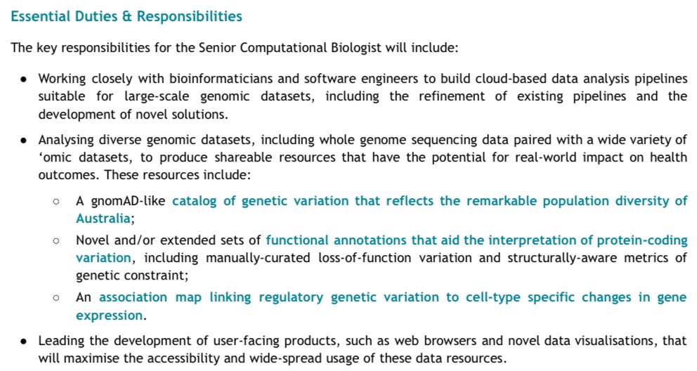 Reminder for #eshg2024 attendees: my team is looking for senior computational biologists, based in Australia or New Zealand, to work on a variety of cool projects. More details here: populationgenomics.org.au/careers/ DM me if you’d like to chat in Berlin!