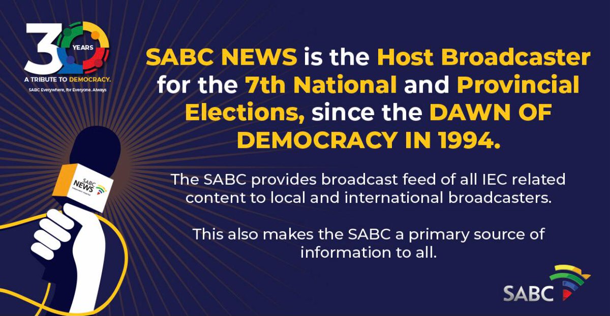From the first vote to the final count, SABC brings you reliable election news.  SABC is honoured to keep you informed with extensive election coverage.  #SABCNews #SABCElections
#TributeToDemocracy