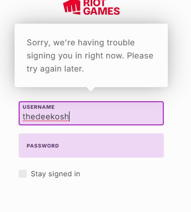 TheDeeKosh's tweet photo. Been trying to log into @riotgames @RiotSupport and keep getting these different weird errors. Can't seem to find a fix. And I have a feeling that it has nothing to do with Valorant or League Of Legends, but it might be a @Singtel @SingtelSupport  thing. anyone else? https://t.co/3ySYb2cc48