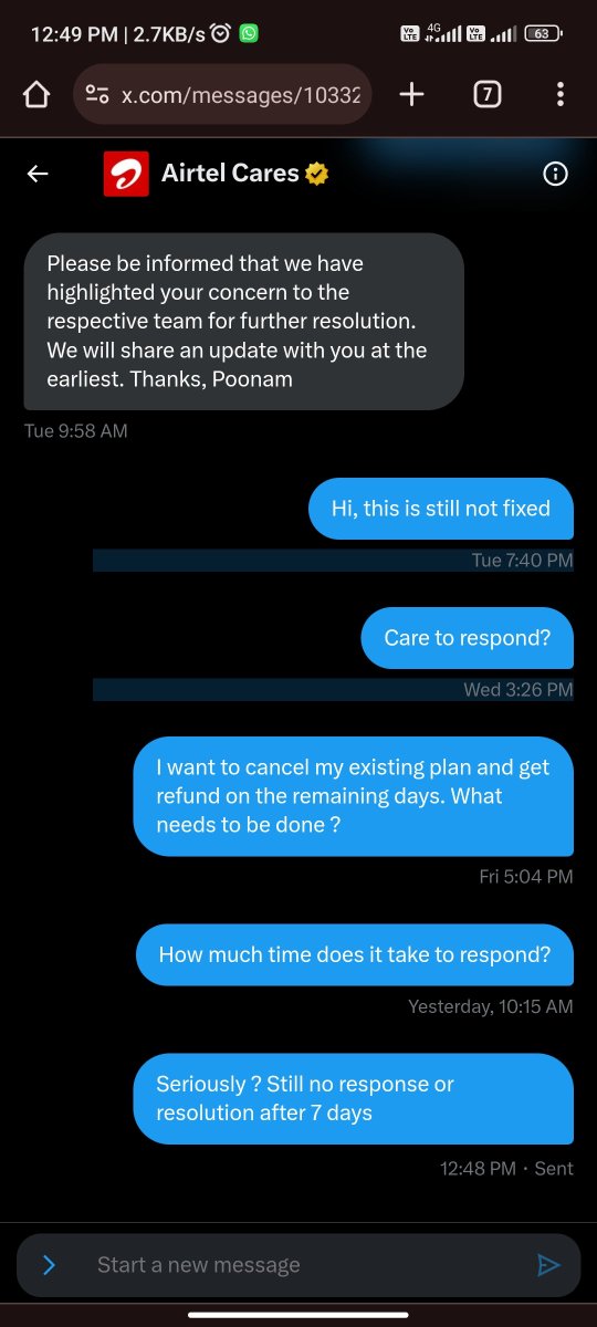 riyagoswamy's tweet photo. @Airtel_Presence  @DoT_India Hi Team, I have no internet connection for 7 days now. Inspite of having a prepaid fiber plan, the service provider does not bother to fix the issue or even respond to complaints. Please let me know where can I file a complaint for this. https://t.co/psH7bvSuM7