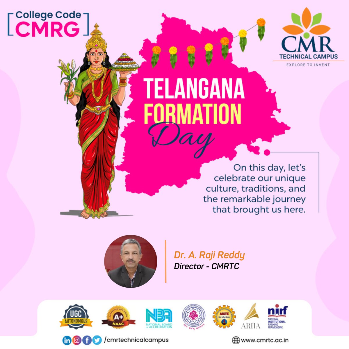 CMRTCofficial's tweet photo. π Celebrating the spirit of Telangana on its Formation Day! Let's honor our rich culture, history, and the progress we've made together.
#TelanganaFormationDay #ProudTelangana #cmrtechnicalcampus #CMRTC #digitalconnect https://t.co/IVh0hqnLUP