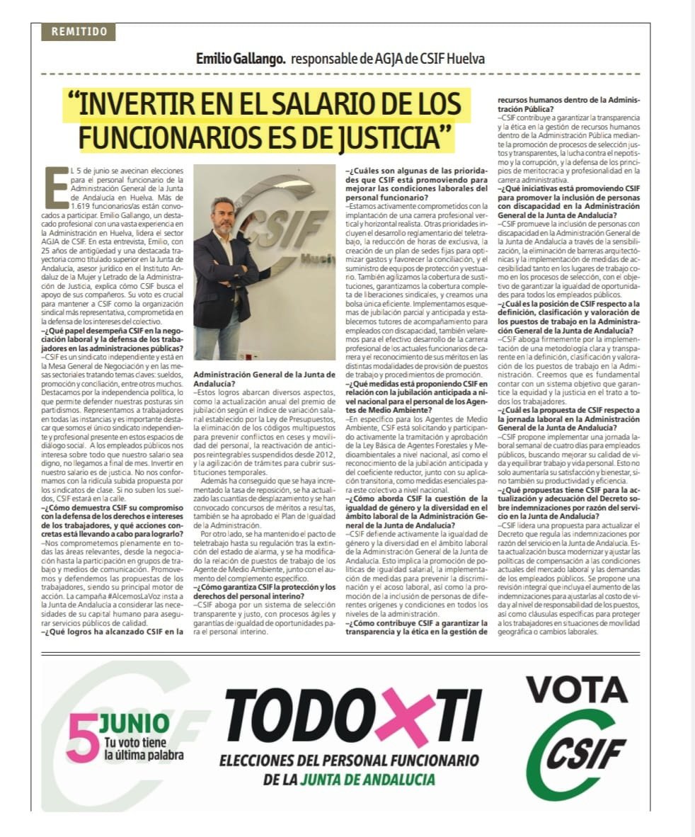 CSIFHuelva's tweet photo. 🗳 Este miércoles 5 de junio, tienes una cita con las urnas si eres funcionario/a de la Junta de Andalucía. 

Aquí abajo puedes leer una entrevista al responsable del sector de AGJA de @CSIFHuelva, Emilio Gallango, donde repasa logros y objetivos. https://t.co/qVFb2XkDKI