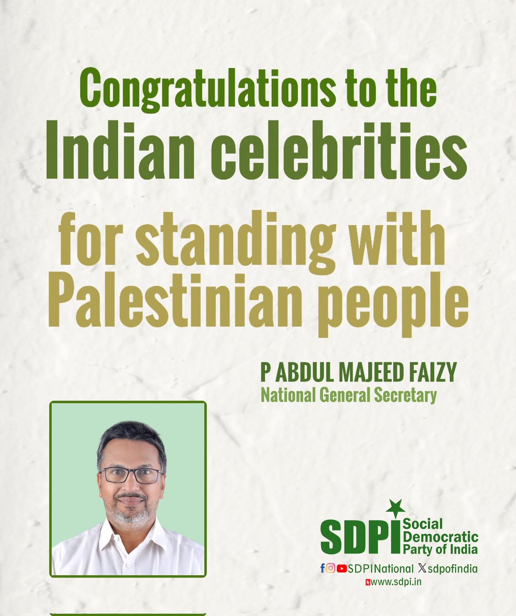 sdpofindia's tweet photo. Congratulations to the Indian celebrities for standing with Palestinian people. Their staunch support to Palestine assumes special appreciation as the Sangh Parivar groups and platforms are unleashing vehement cyber attack and abuse on them for their humane stand against Zionists https://t.co/OkSzqT0PqX