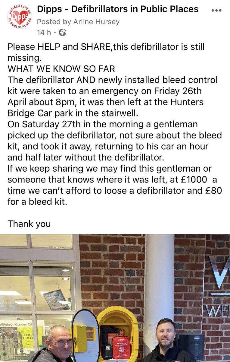 Please share this post widely.  One of our public access defibs is missing!  We are sure that this man acted in good faith but we need to find where he took the defibrillator.  Location: Welwyn Garden City. <a href="/WGCFC/">Welwyn Garden City FC</a> <a href="/WelHatCouncil/">Welwyn Hatfield</a> <a href="/whtimes/">Welwyn Hatfield Times</a> <a href="/wonderfulwgc/">Welwyn Garden</a>