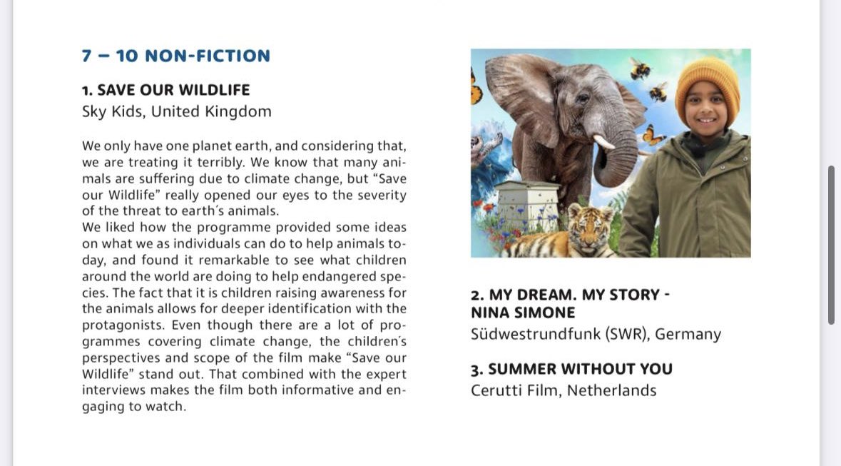 We won an international Prix Jeunesse @PRIXJEUNESSEINT award for our @FreshStart_TV #SaveOurWildlife film for @skynews and Sky Kids. Not just any award but, best of all, the one voted for by the children’s jury! Watch it now at first.news/climatecrisis with resources from @wwf_uk.
