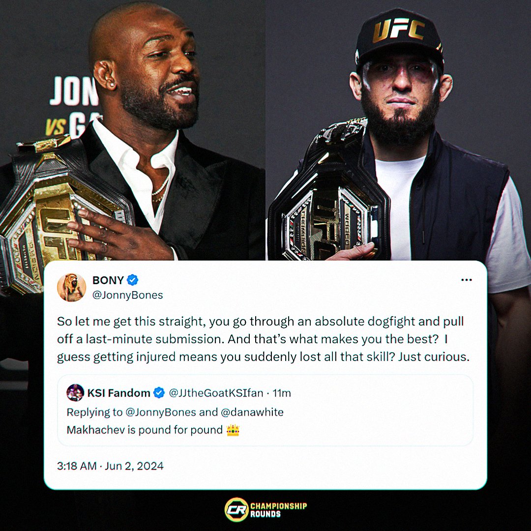 ChampRDS's tweet image. Jon Jones criticizes Islam Makhachev's performance against Dustin Poirier:

"You go through an absolute dogfight and pull off a last-minute submission. And that's what makes you the best?"

(via. @JonnyBones) #UFC #MMA #UFC302