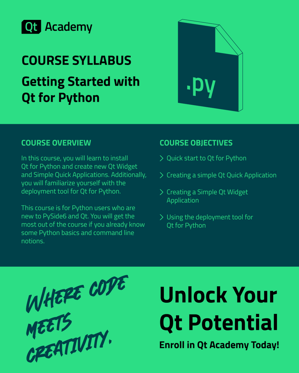 qtproject's tweet photo. Get started on your path to Python 🐍 perfection with our latest Qt Academy course: Getting Started with Qt for Python! 🎓

Enroll in our FREE course today and get started on your path to Qt excellency: https://t.co/EdMbdxcW0m

#eLearning #FreeCourses #Python #CPlusPlus #Coding https://t.co/zGo7BtiYEU