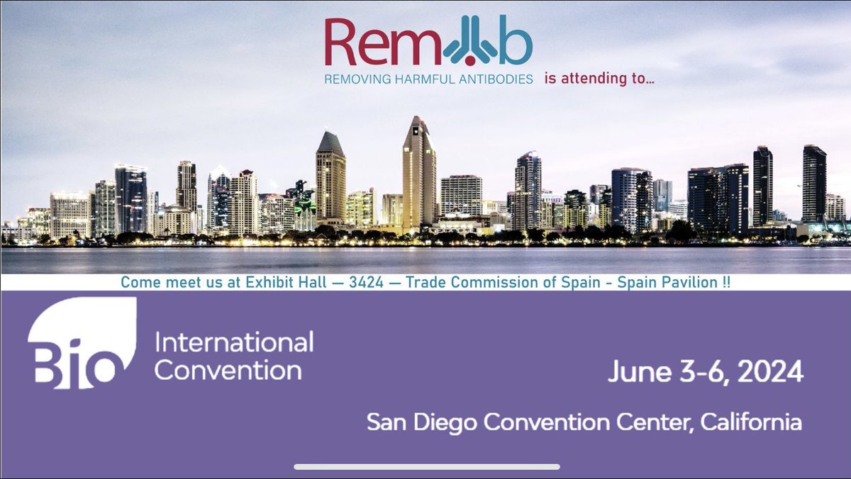 RemAb Therapeutics (@remabtx) on Twitter photo 🚀 Exciting News! 🚀
The RemAb team will be at the <a href="/BIOConvention/">BIO Convention</a> next week in San Diego! 🎉 Visit us at booth 3424, Spain Pavilion. Learn about our Polymeric Conjugates for removing harmful antibodies. Let's connect! 🌐
#BIO2024 #Biotech #Innovation #RemAb 🚀 Exciting News! 🚀
The RemAb team will be at the <a href="/BIOConvention/">BIO Convention</a> next week in San Diego! 🎉 Visit us at booth 3424, Spain Pavilion. Learn about our Polymeric Conjugates for removing harmful antibodies. Let's connect! 🌐
#BIO2024 #Biotech #Innovation #RemAb