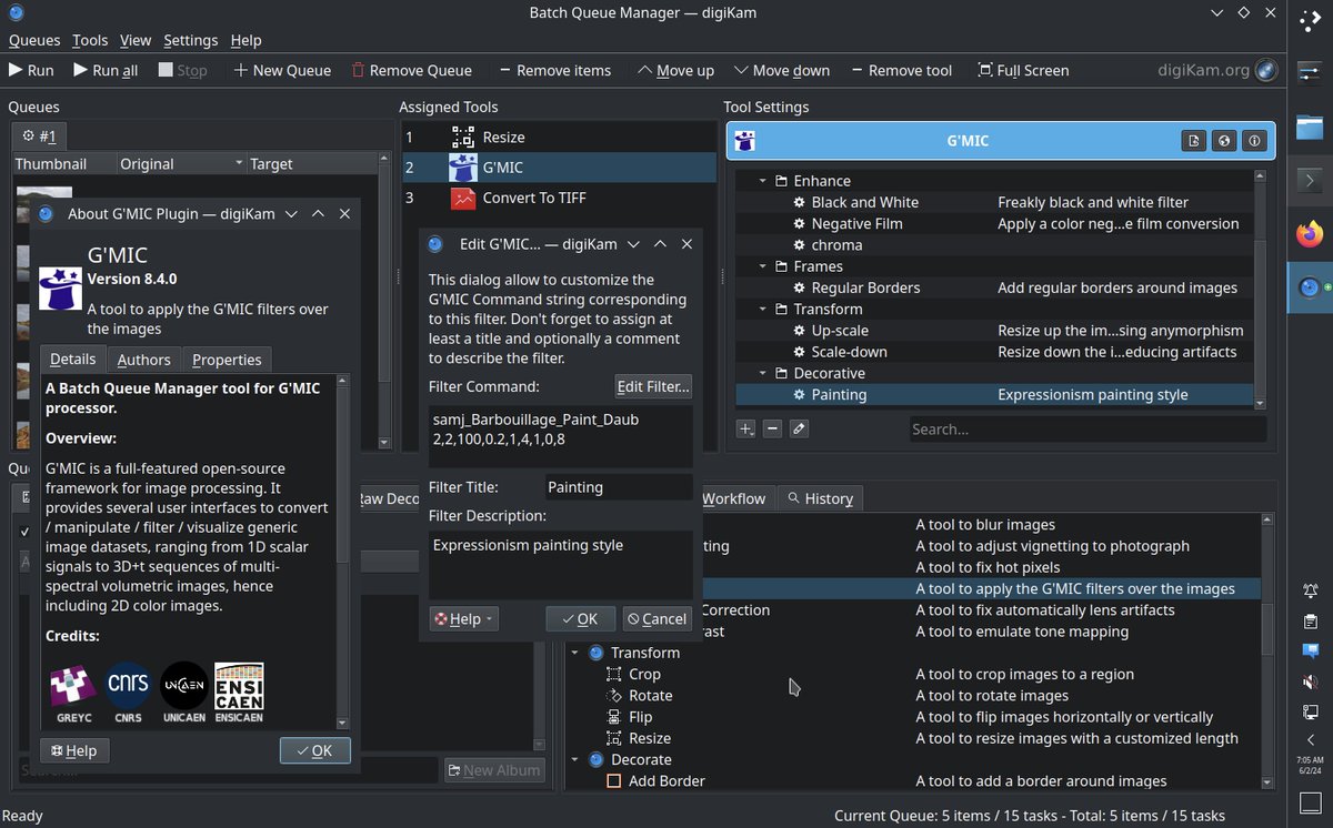 digiKam 8.4.0 photo manager program will include a G'MIC processor tool  for the Batch Queue Manager. G'MIC is a powerful open-source collection  of more than 600 filters for image processing. This tool will allow you  to integrate G'MIC filters in your post processing workflow.
