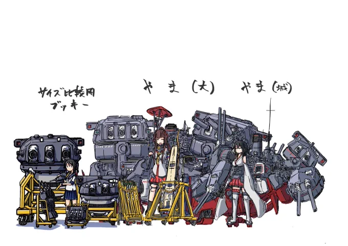 ブッキーやまやま前に描いた装備並べブッキーとクソデカ戦艦ズを並べてみるとわりと砲塔サイズ合っててちょっとうれしい。 
