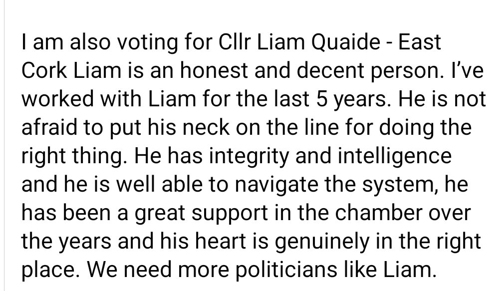 I'm honoured to get this endorsement from @cllr_twomey  who has deservedly earned huge respect across the East Cork region since she became a Cllr eight years ago. 

A brilliant colleague who will no doubt be back in the political fray in the coming years.