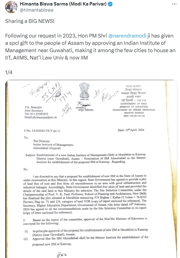 Union Education Ministry approves the proposal for the establishment of a new #IIM at #Marabhita in #Kamrup District in #Assam. 

Assam CM <a href="/himantabiswa/">Himanta Biswa Sarma</a> posts, "Following our request in 2023, PM <a href="/narendramodi/">Narendra Modi</a> has given a special gift to the people of Assam by approving an Indian