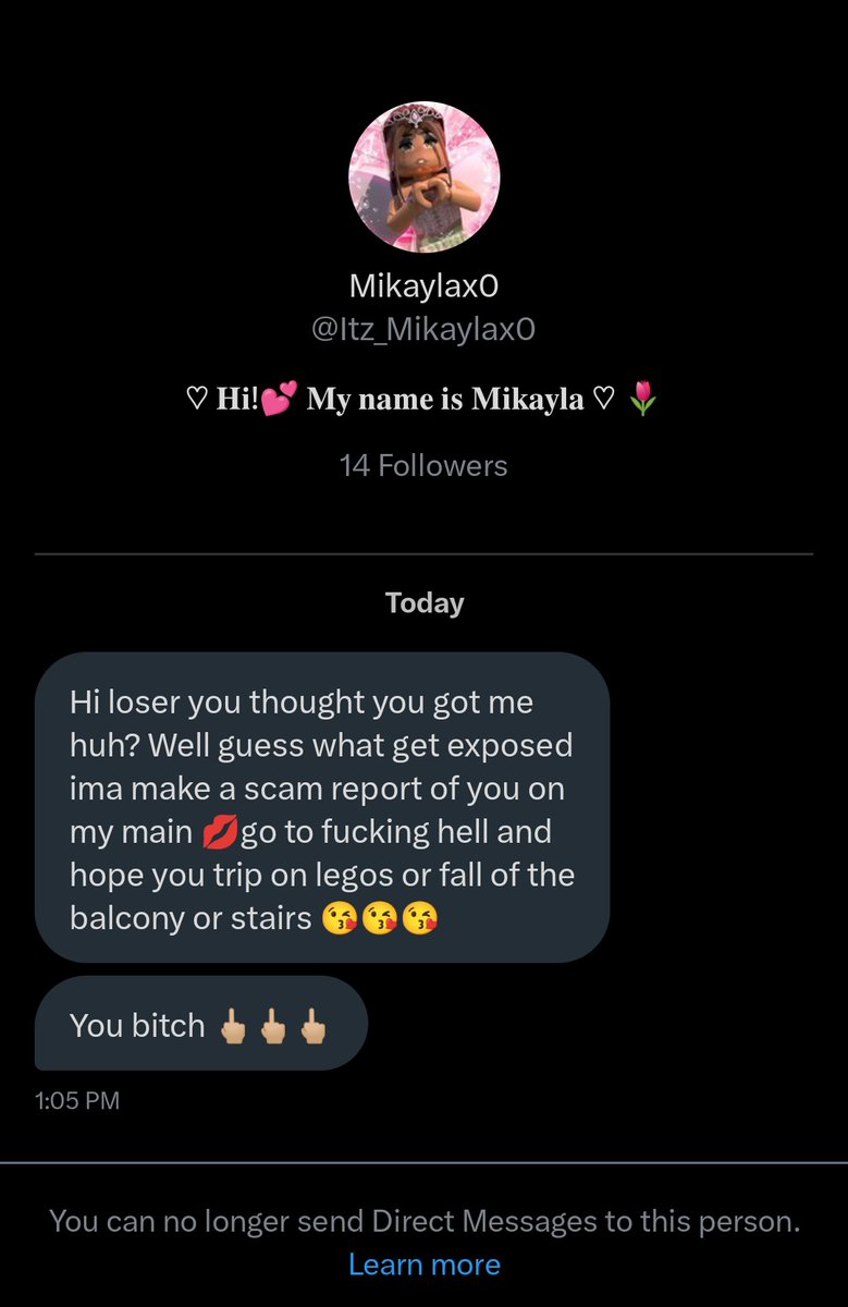 Leafy_Leaa's tweet photo. Oh my someone mad because they fail to scam so 🤤

Twitter user: @icywiicy @Itz_Mikaylax0 
Old twitter user: @YourMomSushix 

Roblox user : angel_queen434

#scam #scammer #robloxscammer #royalehighscammer #rhscammer
#adoptmescammer #robloxstudio

https://t.co/81Lyg3KCsX https://t.co/1Uc2Nf6MrC