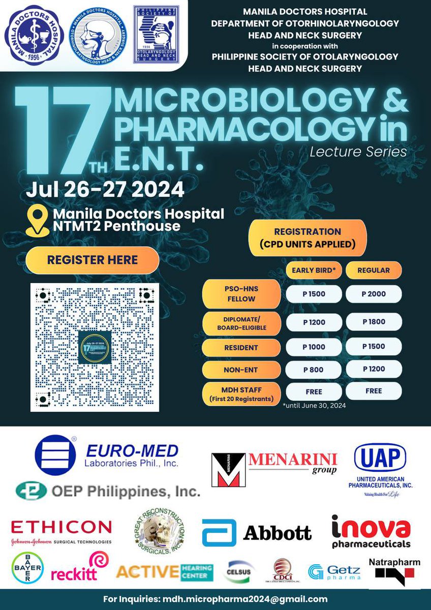 Good day Doctors!

MDH ORL-HNS with Philippine Society of Otolaryngology Head &amp; Neck Surgery invites you to its 17th postgrad course! 

Join us in exploring the latest advancements and reviewing essential topics in the field of Microbiology &amp; Pharmacology!  

See you there! 🦠💊
