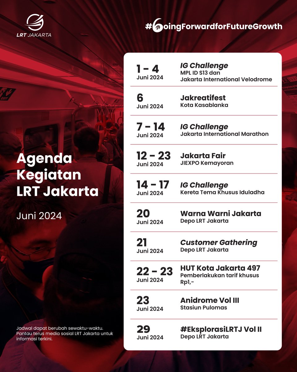 lrtjkt's tweet photo. Selamat datang bulan Juni 2024🥳 

MinLRTJ mau spill Agenda Kegiatan LRT Jakarta bulan Juni 2024 nih. Penasaran? Yuk, pantengin kegiatan seru bareng LRT Jakarta!  

#LRTJKT #LRTJakarta #LRTJAmanNyaman https://t.co/wF2VqS33lH