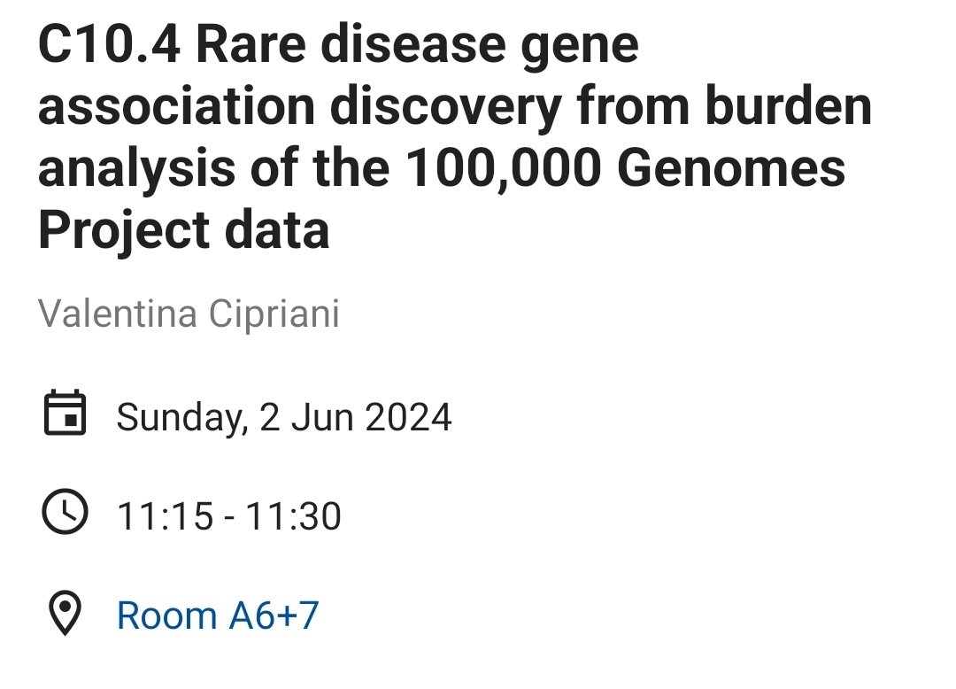 Valentina Cipriani (@val3cipriani) on Twitter photo Look forward to the #genomes for #undiagnosed session at 10:30AM and delivering our talk on gene burden analysis of the #100KGP data!
Also so exciting to be at the #ESHG2024 with the whole team <a href="/WHRIPhenGeno/">WHRI-Phenogenomics</a> <a href="/QMULWHRI/">William Harvey Research Institute</a> <a href="/QMUL_C4TB/">Centre for Translational Bioinformatics QMUL-WHRI</a> <a href="/QMULBartsTheLon/">Barts and The London, Queen Mary</a> Look forward to the #genomes for #undiagnosed session at 10:30AM and delivering our talk on gene burden analysis of the #100KGP data!
Also so exciting to be at the #ESHG2024 with the whole team <a href="/WHRIPhenGeno/">WHRI-Phenogenomics</a> <a href="/QMULWHRI/">William Harvey Research Institute</a> <a href="/QMUL_C4TB/">Centre for Translational Bioinformatics QMUL-WHRI</a> <a href="/QMULBartsTheLon/">Barts and The London, Queen Mary</a>
