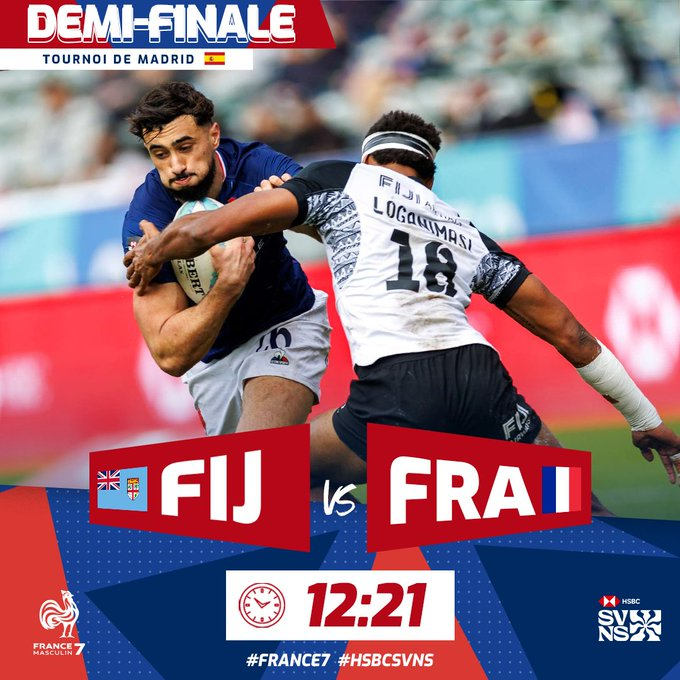 FranceRugby's tweet photo. 🇫🇷🚨 𝐑𝐞́𝐬𝐞𝐫𝐯𝐞𝐳 𝐯𝐨𝐭𝐫𝐞 𝐝𝐞́𝐣𝐞𝐮𝐧𝐞𝐫, car vous avez rendez-vous aujourd'hui avec vos équipes de #France7 en demi-finale des @SVNSSeries ! 🔥

#HSBCSVNSMAD | @rugbypass_fr https://t.co/O97Fmkd9pd