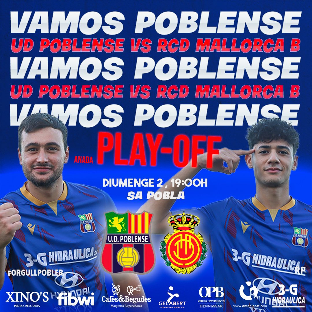 udpoblense's tweet photo. 𝐇𝐨 𝐭𝐨𝐫𝐧𝐚𝐦 𝐚 𝐟𝐞𝐫? 😈

⌚️ 19:00h
🏟️ Municipal de Sa Pobla
🆚 @RCDMallorcaBase 
🏆 Semifinal play-off a Segona RFEF 

#JoHiCrec #OrgullPobler #Junts #CaminoA2RFEF https://t.co/navbGhMVWw
