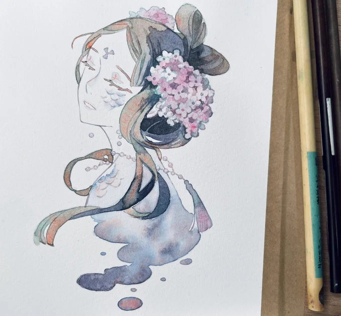 分離色、どんな色になるか予想つかなくて難しいけど、楽しいですね…今回は水彩紙で試したけど、和紙でも試してみたいな〜 呉竹「顔彩耽美 グラニュレーティングカラーズ」