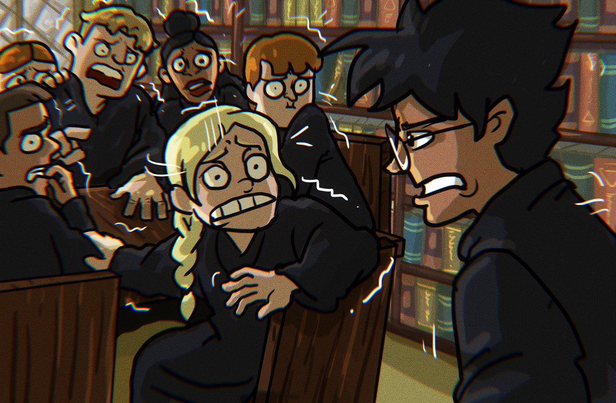 แฮร์รี่ไม่อาจทนฟังได้อีกต่อไป เขากระแอมเสียงดังแล้วก้าวออกมาจากหลังชั้นหนังสือ ถ้าเขาไม่นึกโกรธจัดล่ะก็ เขาคงเห็นภาพตรงหน้าเขาชวนขำสิ้นดี เด็กบ้านฮัฟเฟิลพัฟแต่ละคนดูราวกับว่าถูกสาปให้แข็งเป็นหินไปเมื่อเห็นแฮร์รี่ และเลือดฝาดก็หายไปจากใบหน้าของเออร์นี่