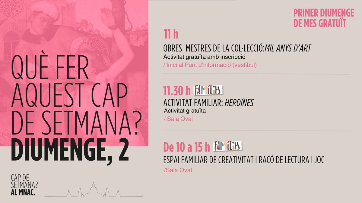 MuseuNac_Cat's tweet photo. Avui és 1r diumenge de mes: entrada gratuïta i la visita comentada a les obres mestres de la col·lecció "Mil anys d���art". I també, en homenatge al #còmic, el taller per fer #EnFamília dedicat a les heroïnes: Suzanne #Valadon, #FridayFoster... Ens trobem aquest matí al #MNAC, oi? https://t.co/ErgXP36kw6