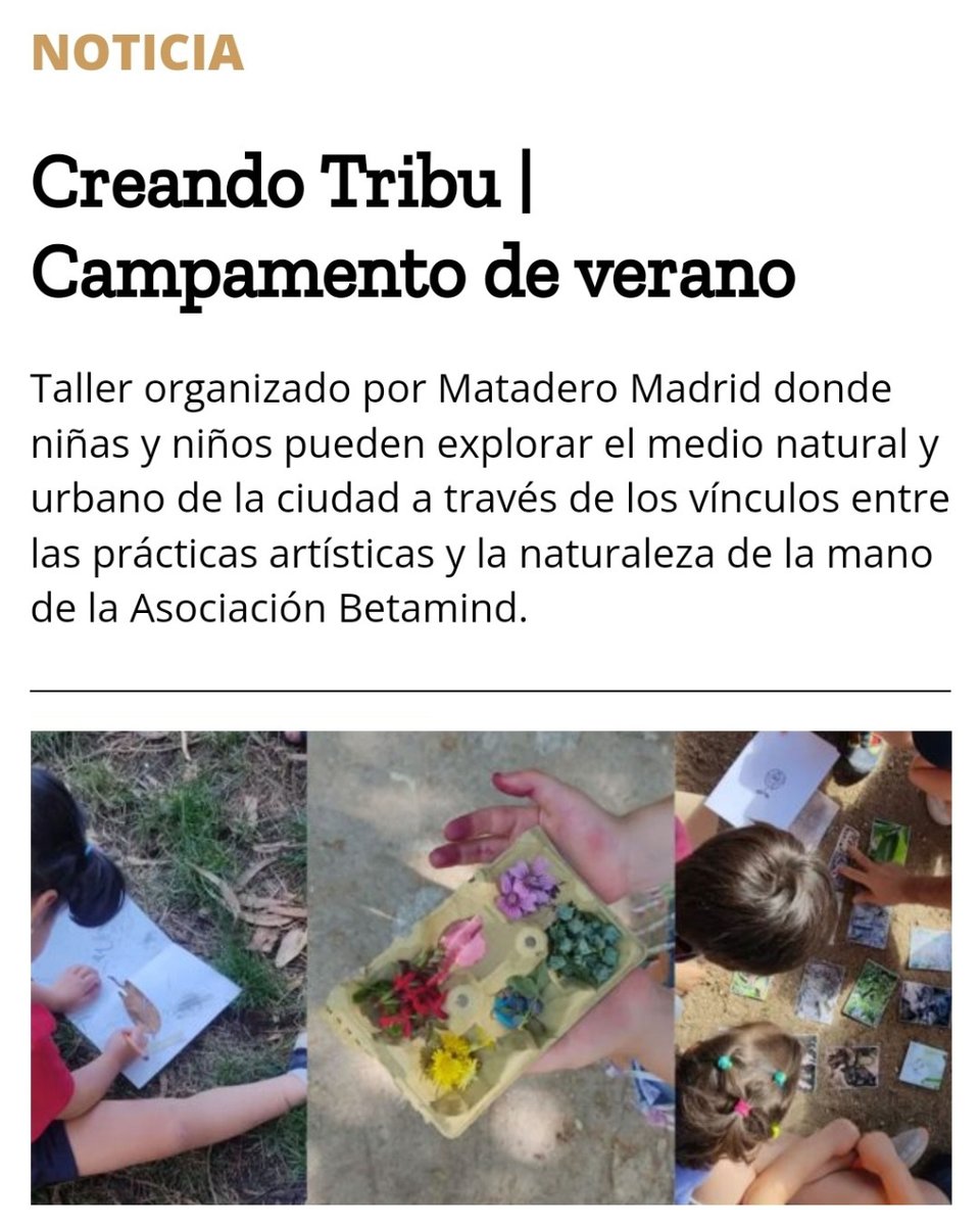 ⛺'Creando Tribu' Campamento de verano organizado por #MataderoMadrid donde niñas y niños pueden explorar a través de los vínculos entre las prácticas artísticas y la naturaleza de la mano de la Asociación Betamind. Más, en @poliedrica_👇 poliedrica.cat/es/creando-tri… 📆24/06 al 12/07