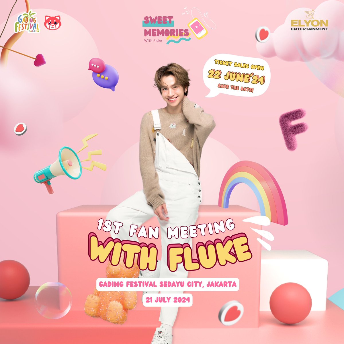 FlukeNatouch's tweet photo. Hello Indonesia! 

In this happy moment, there is good news for you! I will come for the first time in Indonesia for “Sweet Memories with Fluke” Fan Meeting!!!

The event will be held on July 21, 2024 at 13.00 In Sedayu City Kelapa Gading Festival, Jakarta. 
Ticket sales will start on June 22, 2024! 

See further detail for the ticket and event information on @elyonentertainment 

Cant wait to see you all in Jakarta! lets have fun together naaaaa !! ❤️‍🔥

— — — — — — — — — — — — — — — — — —

Halo Indonesia! 

Di moment bahagia ini, aku mau berbagi kabar gembira untuk para penggemarku di Indonesia ✨️

Aku akan hadir pertama kali di Indonesia dalam fan meet
”Sweet Memories with Fluke“ 🩷

Acara akan diadakan pada tanggal 21 Juli 2024, 
pukul 13.00 - selesai 
di Sedayu City Kelapa Gading Festival, Jakarta.

Penjualan tiket akan dimulai pada tanggal 22 Juni 2024

Detail lengkap bisa diliat di @elyonentertainment 

Aku harap dapat bertemu kalian semua. Sampai jumpa disana ❤️

#sweetmemorieswithFlukeinJakarta #28thHBDFlukeNatouch #เจ้าแก้มก้อน