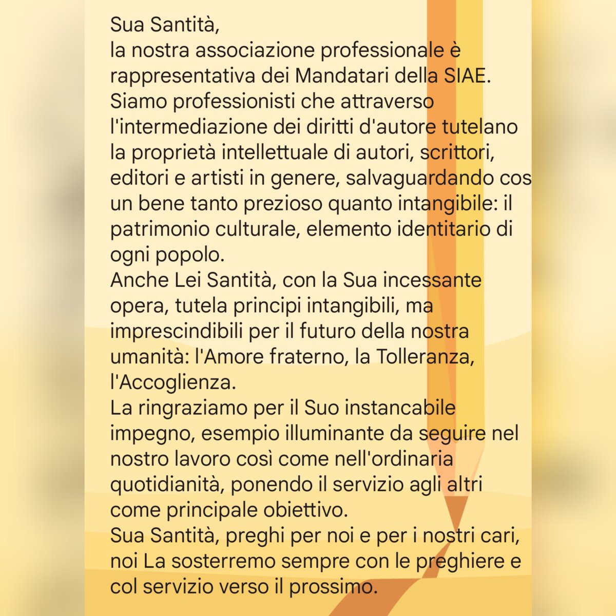 assprodida's tweet photo. Auguriamo Buona Domenica, condividendo il testo dedicato a Sua Santità #PapaFrancesco e riportato sul retro dell'opera realizzata appositamente per il Santo Padre dal maestro @digenni_art
#buonadomenica 
#professionistideldirittodautore 
#copyright 
@SIAE_Official https://t.co/aWvtlJATgp