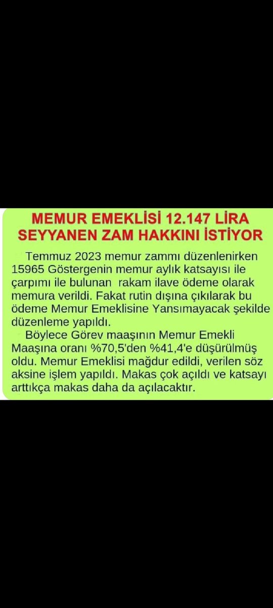 #MemurEmeklisineAdalet MEMUR EMEKLİSİNİN 01/01/2024 TARİHİNDEN  İTİBAREN  HER AY HAKI OLAN 12.147 LİRA SEYYANEN ZAM ALACAĞI GASP EDILMEKTEDIR.ÇALIŞAN MEMURA HER AY ÖDENEN  SEYYANAN ZAM MEMUR EMEKLİSİNE DE ÖDENMELİDİR.