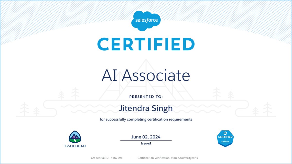 jitu_ms's tweet photo. Thrilled to share that I'm now a Salesforce Certified AI Associate! Looking forward to leveraging AI to drive innovation. #Salesforce #AICertified #ProfessionalGrowth https://t.co/88lzWLnzzO