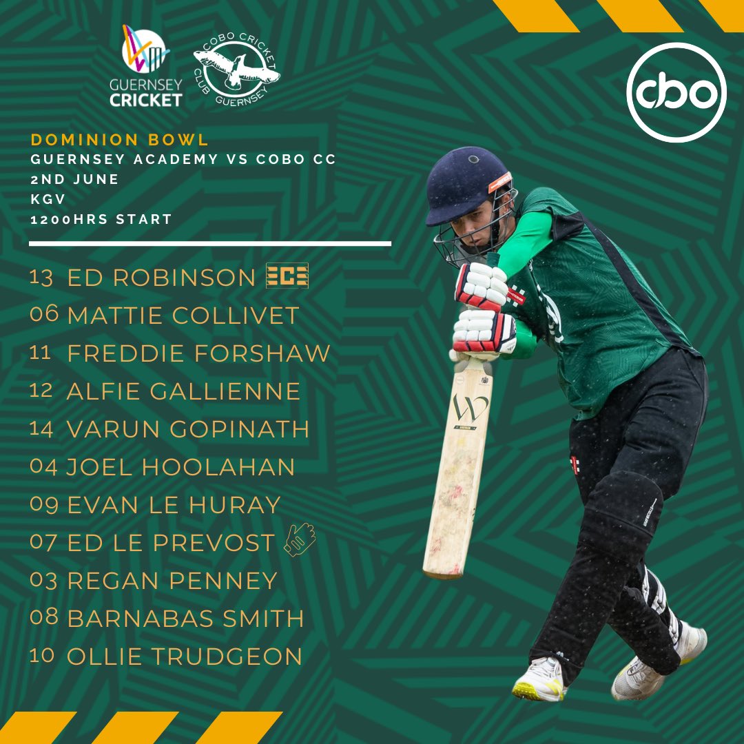 guernseycricket's tweet photo. The @cboprojects Under 15 side take on @cobocricket in their @DominionFunds Weekend League Bowl Fixture today. 

1200hrs start at the @KGVGSY.

#Guernsey #cricket #futuregreens https://t.co/jhLbNS7y76