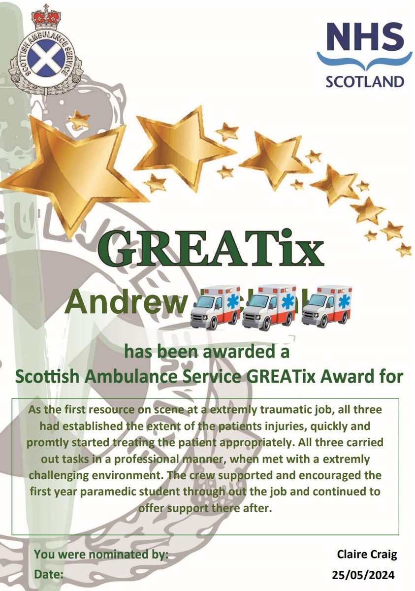 ParaAndy90's tweet photo. Being nominated for a #greatix is such a good feeling.
Working with an awesome crewmate and #studentparamedic makes the job that bit easier.
Proud of our work at such a traumatic job, very proud of our student. https://t.co/W0xlIVU4Nn