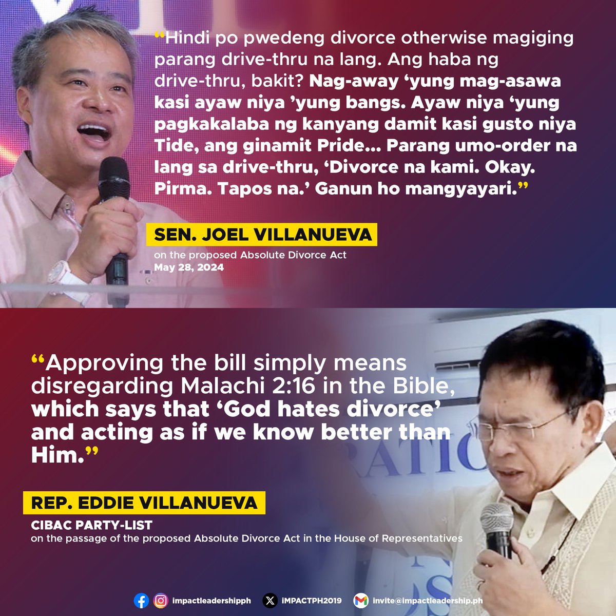 'MAGIGING PARANG DRIVE-THRU NA LANG'

Father and son lawmakers, CIBAC Party-list Rep. Eddie Villanueva and former Senate Majority Leader Joel Villanueva, have both expressed strong opposition to the proposed Absolute Divorce Act.