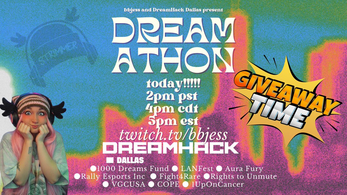 TODAY IS THE BIG DAY!

BE AT MAINSTAGE AT #dhdallas at 4pm or in chat on twitch.tv/bbjess to see the LIVE FINALE OF THE CHARITY #dreamathon! 

We’ve got a TON of giveaways in person and in chat!

Retweet this and tag a friend for a chance to win a $200 steam gift card!!!
