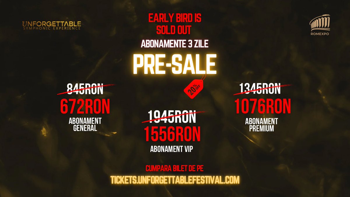 UnforgettableSY's tweet photo. 🌟 Pre-Sale Alert!
🎶 Prinde oferta noastră de presale și bucură-te de o reducere de 20%! asigurați-vă locul la un eveniment unic, plin de magie muzicală și spectacole impresionante, în 3 zile de festival! 
🎫 Bilete disponibile pe https://t.co/6H9sMjxvwl sau în link-ul din bio! https://t.co/JBSUzJRbg1