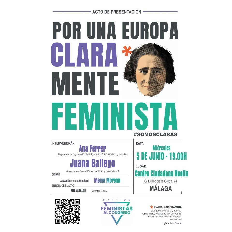 feministas_cong's tweet photo. El miércoles 5 también esraeemos en Málaga con
➡️ Ana Ferrer
➡️ @juana_gallego
Comparte con nosotras la tarde en la que hablaremos de nuestro programa #ClaramenteProgresista
#SomosClaras
#ClaramenteFeministas
#EleccionesEuropeas2024
#JuntasHaremosHistoria 💜🤍💚 https://t.co/21WH1bIWm0