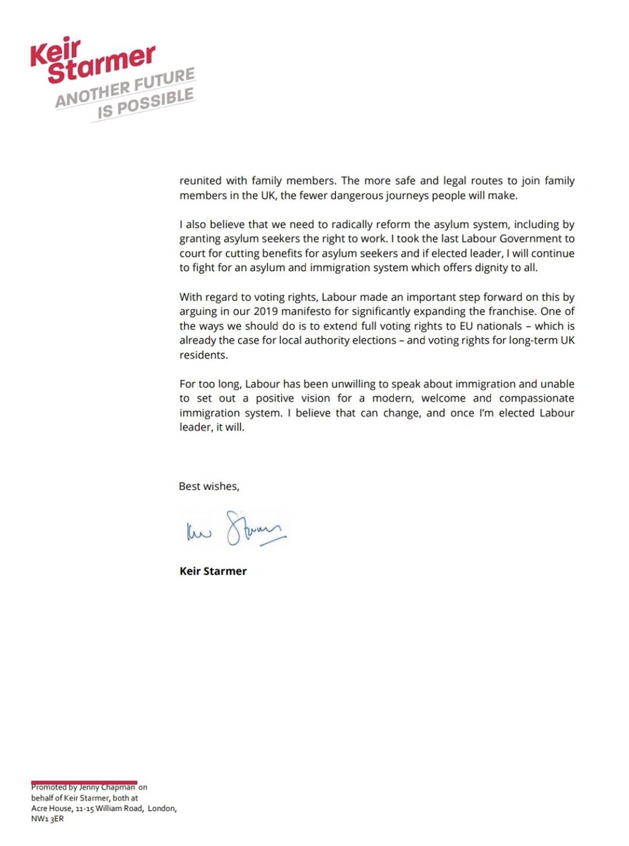Read this signed letter, in which Sir Keir Starmer promises to:
- close immigration detention centres
- liberalise family reunion
- let asylum seekers work
- give foreigners the vote
(1/2)