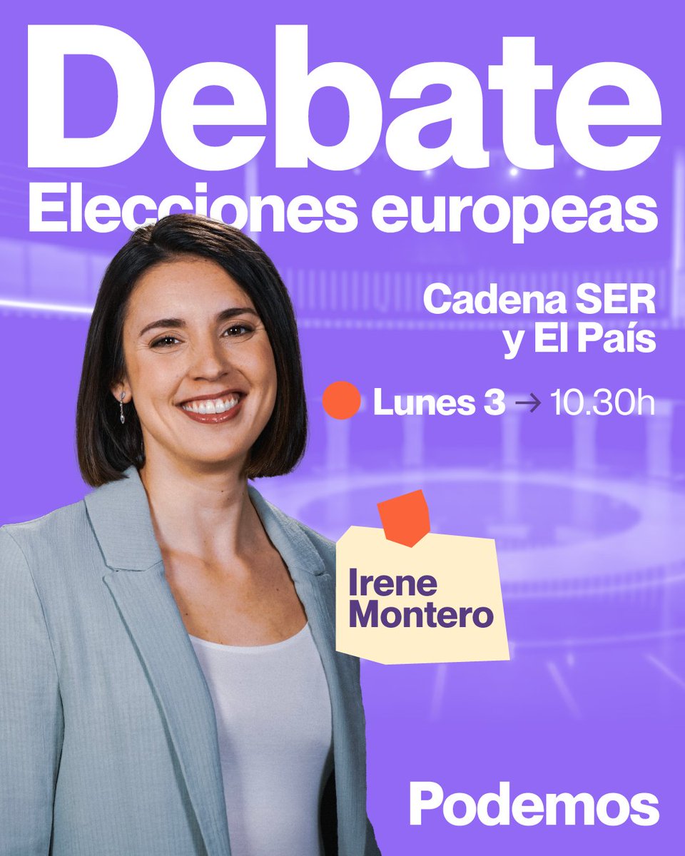 Mañana lunes 3 de junio: ¡primer gran debate electoral! 

Con muchas ganas de defender el programa de <a href="/PODEMOS/">Podemos</a> en este encuentro organizado por Cadena Ser y El País. 

🔴 En directo a partir de las 10:30 aquí: youtube.com/live/U8_PW5LKl…
