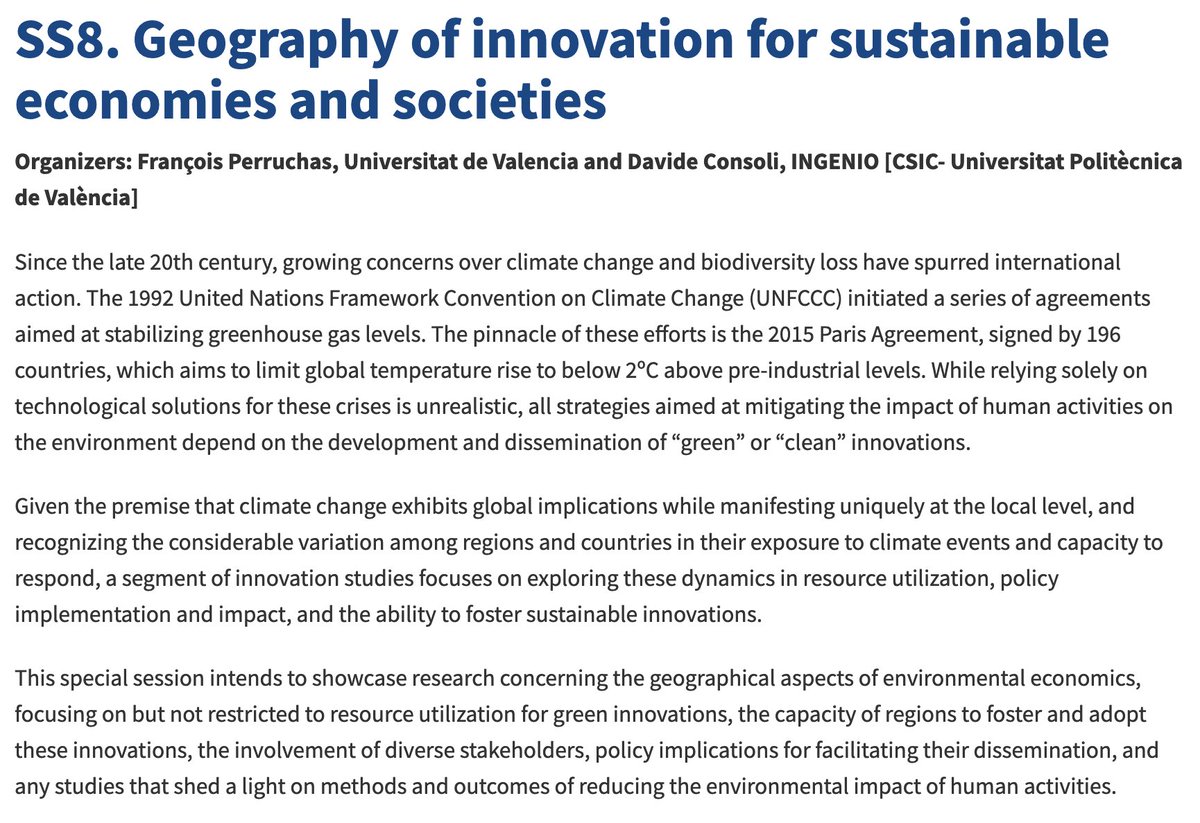 📣📣 Call for Abstracts!

Special session co-organised with @fperruchas at the next Conference on Regional Science in Cuenca 🇪🇸 

Deadline for submitting extended abstracts-papers: June 14.

Conference dates: 16-18 October

Do not miss!

#innovation #sustainability