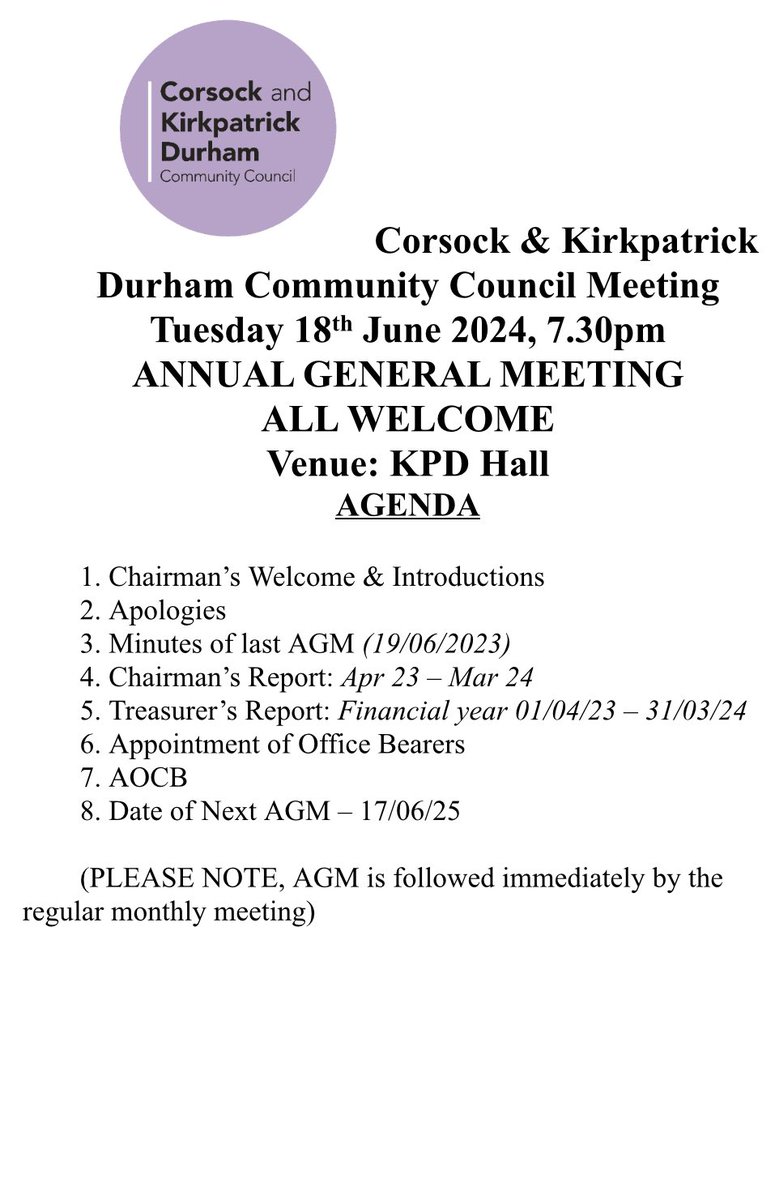 CorsockKPD's tweet photo. Community council AGM &amp; regular Monthly meeting takes place 18th June @ 7.30pm in KPD hall! #BeThere https://t.co/Eyyj5mcax1