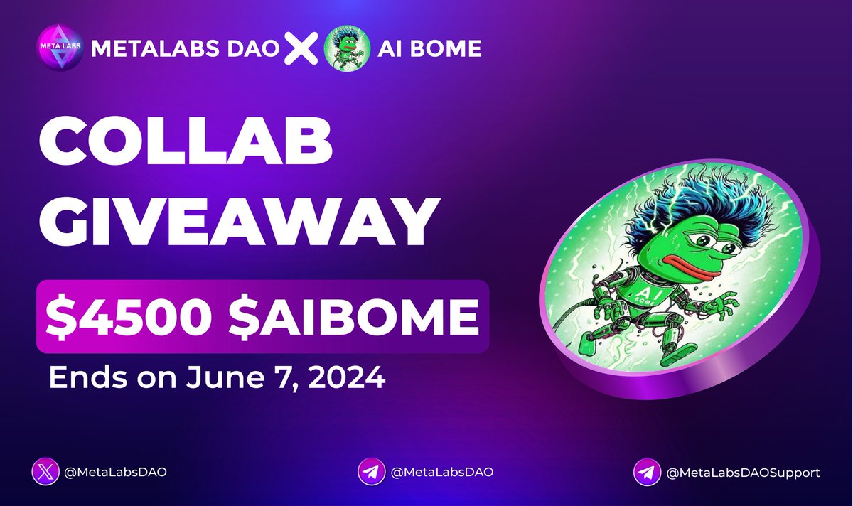 🥳 AI BOME X MetaLabs DAO #Giveaway 

🏆 Prize Pool «» 4,500$ in $AIBOME

✅ Follow <a href="/MetaLabsDAO/">MetaLabs DAO</a> &amp; <a href="/AI_BOME/">AIBOME</a>
✅ Like, RT &amp; Tag 3 Friends
✅ Complete #Gleam⤵️
gleam.io/j1TuQ/aibome-m…

⏳ Ends 7th June

#Airdrop #AIBOME #Giveaway #Crypto #BSC #MEME #MetaLabsDao