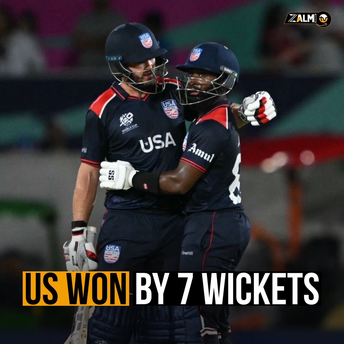 zalmitvlive's tweet photo. Andries Gous and Aaron Jones exhibited their impressive batting prowess after an initial setback, leading the team to victory with a seven-wicket win in the T20 World Cup 2024 opener for the USA. ππ
#USvCA #T20WorldCup2024 #ZalmiTV https://t.co/yCxiE5Pcm7