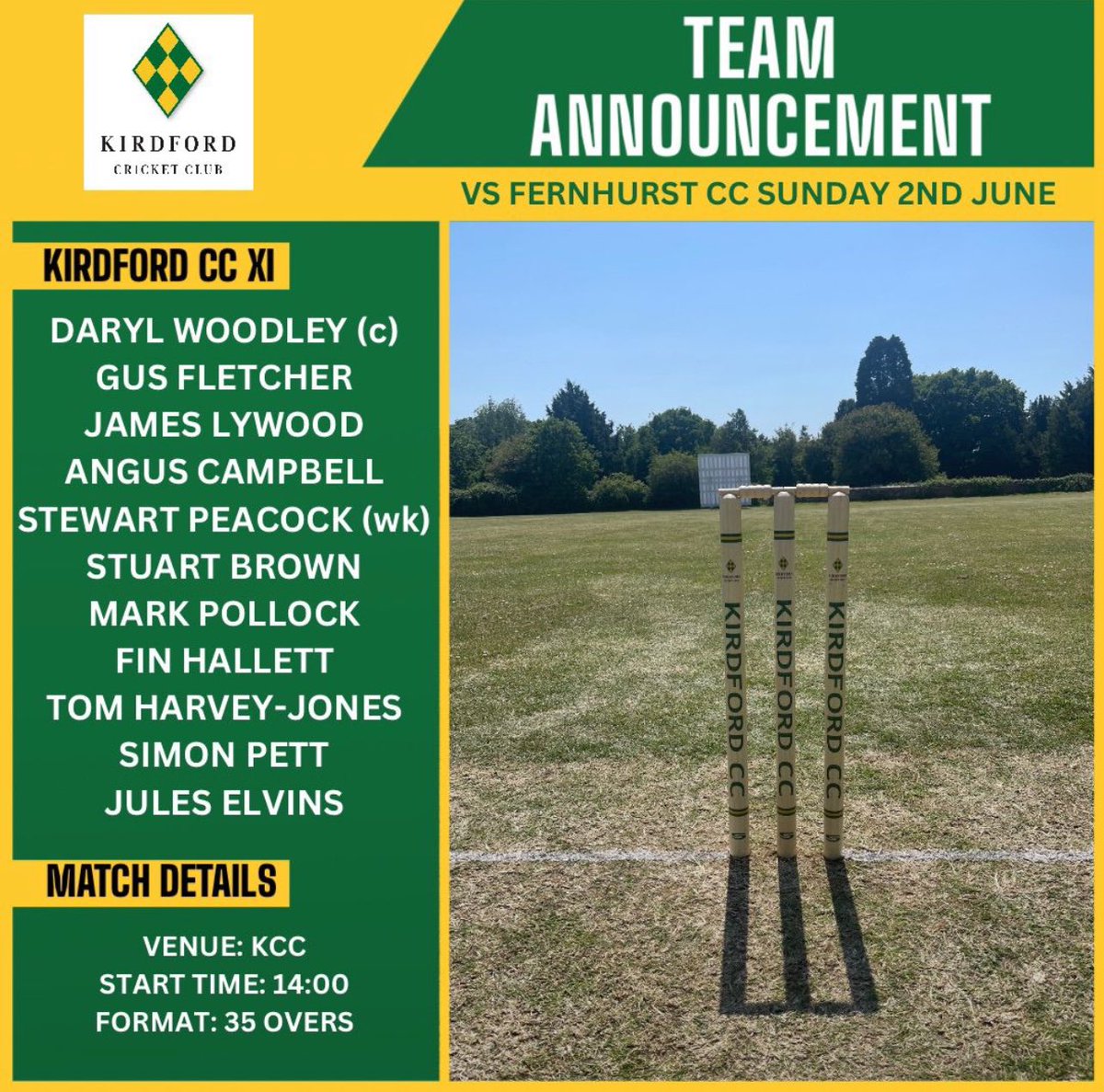 Match against Fernhurst CC today. Pop down to watch on this lovely Sunday.