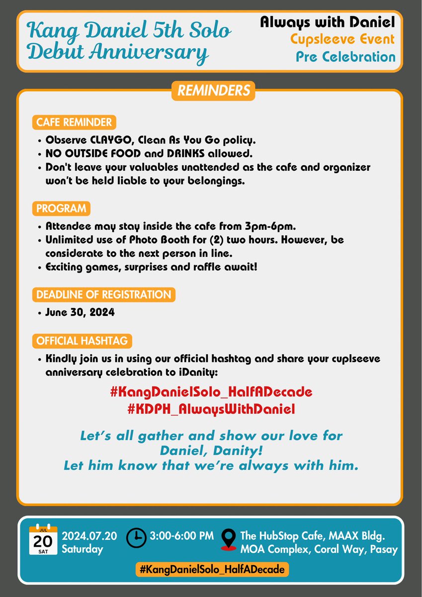kangdanityph's tweet photo. We’ll be celebrating Daniel’s 5th Anniv for the 1st time offline!

#KangDaniel 5th Solo Debut Anniversary Cafe Event

📍The HubStop Cafe
🗓️Jul 20, Sat
🕒3-6PM

Offline
🔗https://t.co/nf0WwSa1RT
KIT Only
🔗https://t.co/RmUBCrsDS1

#KangDanielSolo_HalfADecade
#KDPH_AlwaysWithDaniel https://t.co/7LgYp46mrJ