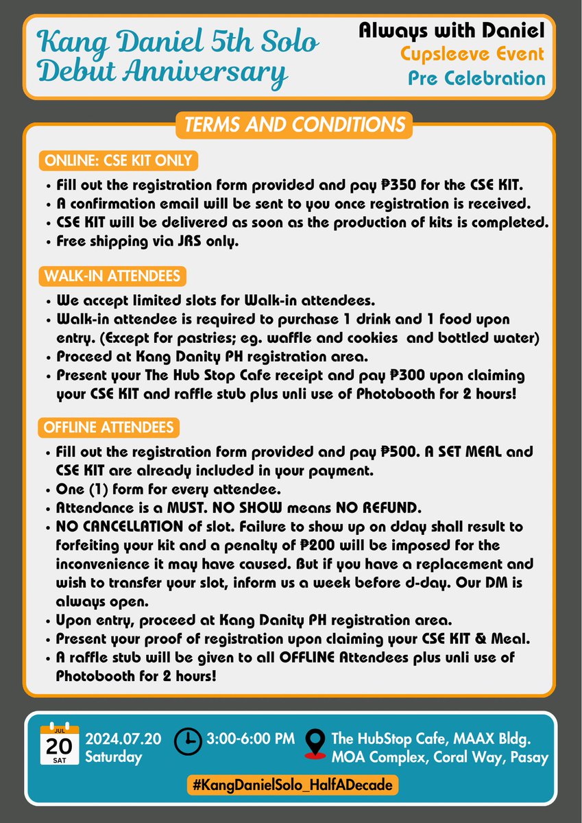 kangdanityph's tweet photo. We’ll be celebrating Daniel’s 5th Anniv for the 1st time offline!

#KangDaniel 5th Solo Debut Anniversary Cafe Event

📍The HubStop Cafe
🗓️Jul 20, Sat
🕒3-6PM

Offline
🔗https://t.co/nf0WwSa1RT
KIT Only
🔗https://t.co/RmUBCrsDS1

#KangDanielSolo_HalfADecade
#KDPH_AlwaysWithDaniel https://t.co/7LgYp46mrJ