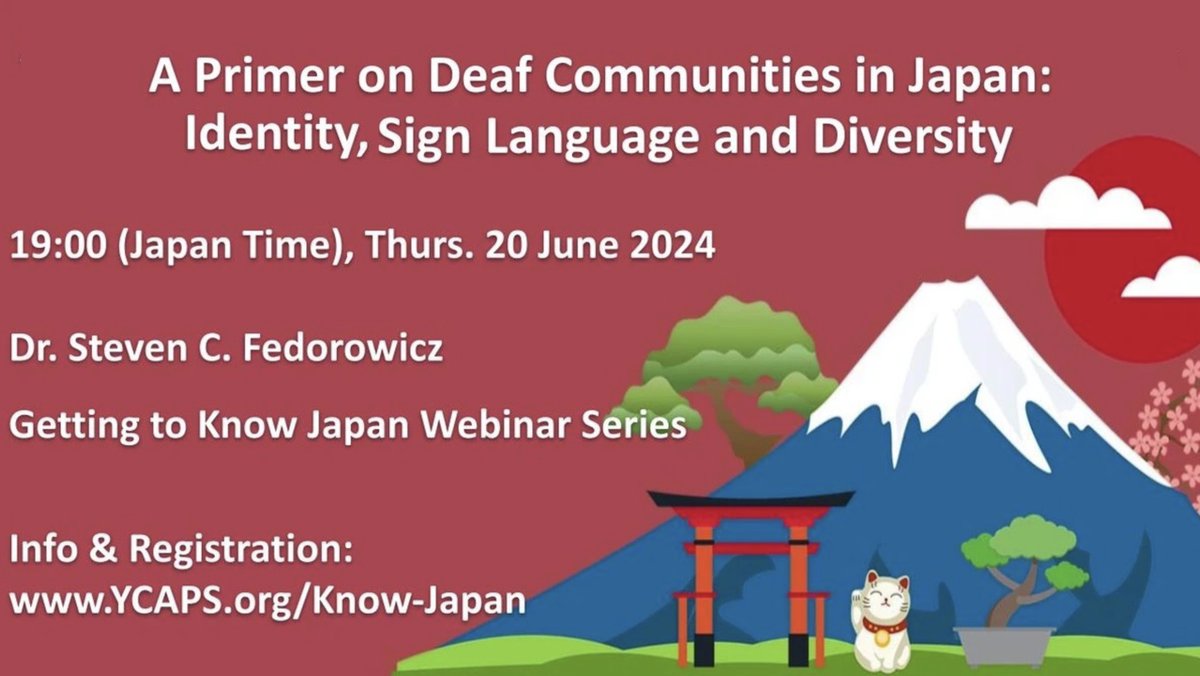 Announcement:「A Primer on Deaf Communities in Japan: Identity, Sign Language and Diversity」<a href="/YCAPS/">ycaps</a>, Getting to Know Japan Webinar (via Zoom) -- Thursday, June 20, 2024 at 19:00 (JST)

visualanthropologyofjapan.blogspot.com/2024/06/announ…

Abstract and reading list available.
