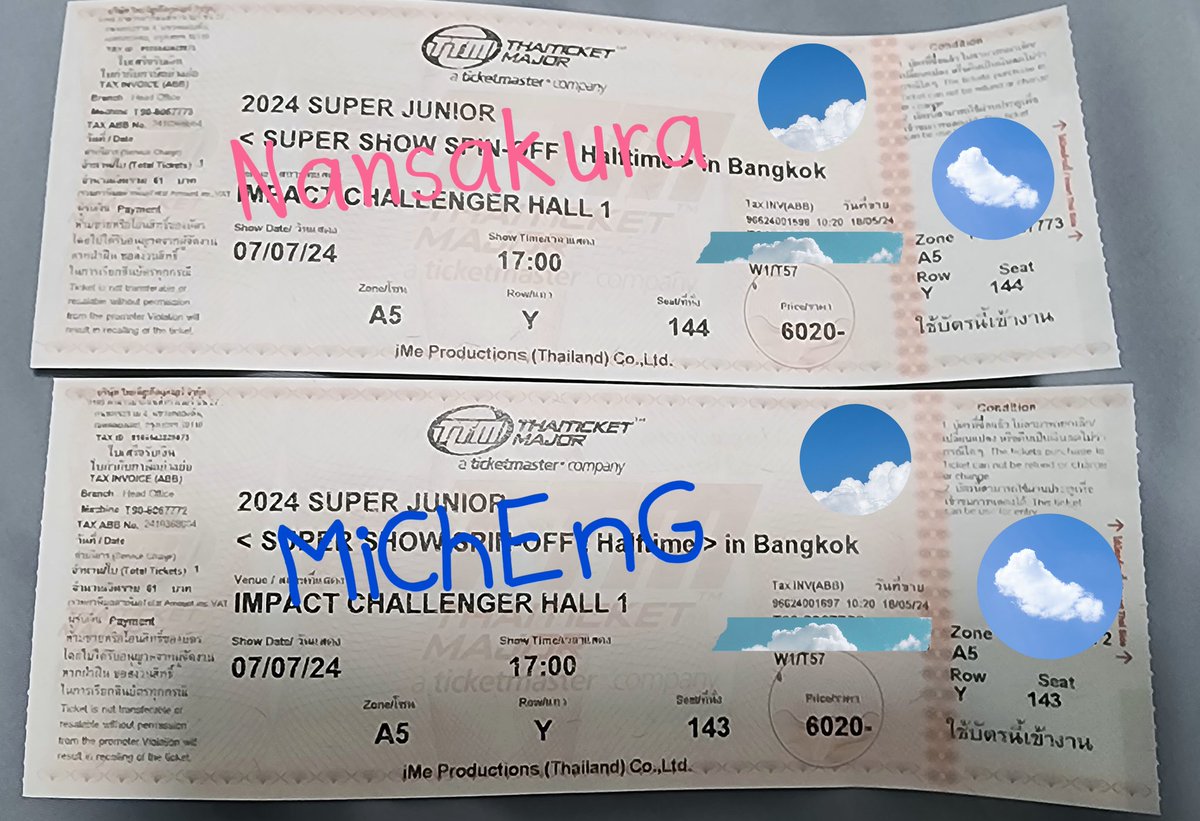Nansakura's tweet photo. [ขายบัตร Sell Tickets] 
2024 Super Junior ASIA TOUR 
#SPINOFFHALFTIME_IN_BKK
🗓  Sun 7.07.2024
📍Zone A5 Row Y143,Y144
🏷ราคาใบละ 6,080 ฿ (ราคาตามหน้าบัตร Original Price+ticket fee)
กดมาเองค่ะ 
จ่ายสด นัดรับอย่างเดียว
เข้าคอนพร้อมเราเลยค่ะ
สนใจ DM มาคุยกันได้ 
ต่อรองราคาได้ค่ะ https://t.co/XEiI8aREBe